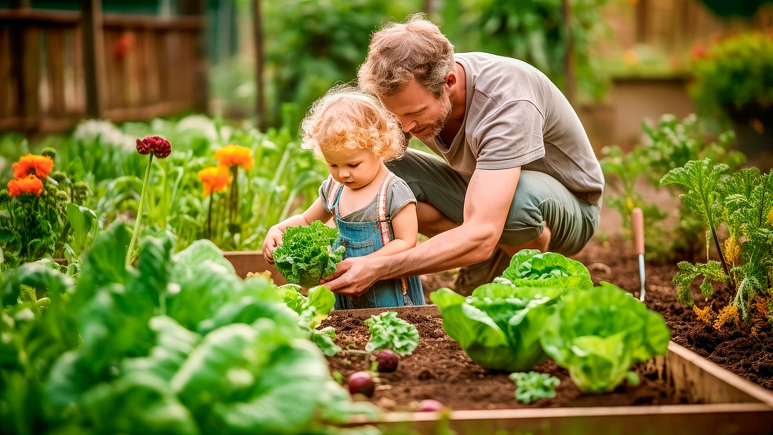 Vater mit kleiner Tochter im Gemüsegarten