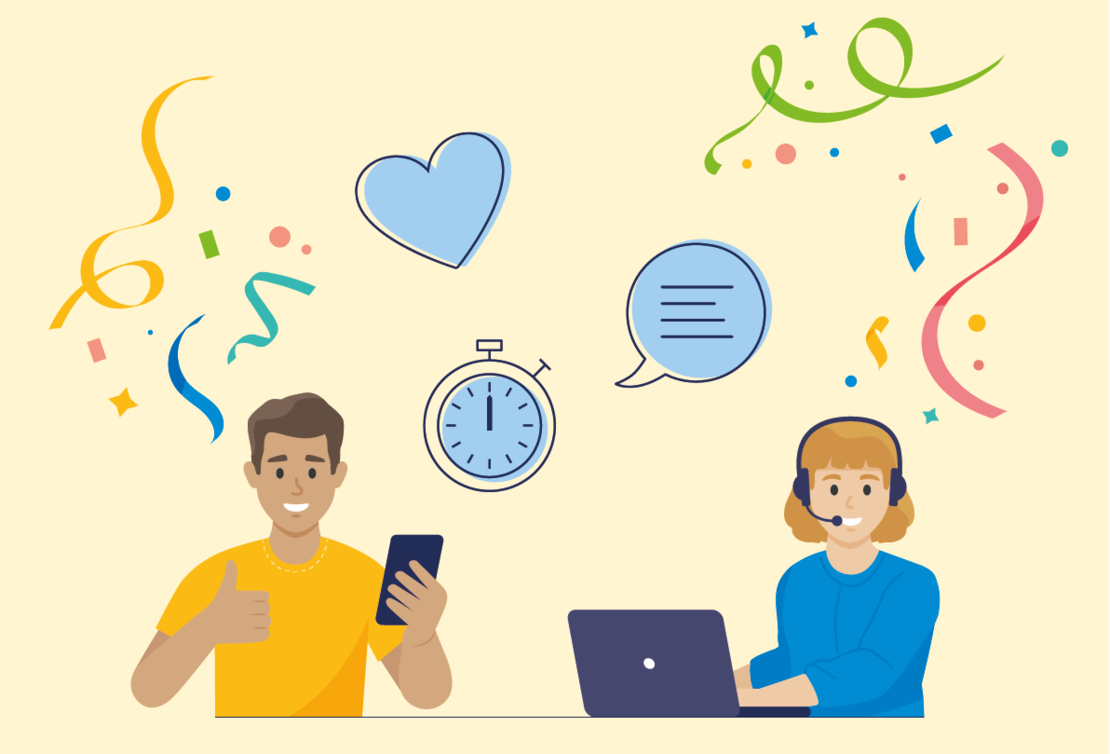Illustration eines Mannes, der ein Telefon hält und die Daumen nach oben streckt, und einer Frau mit einem Headset, die einen Laptop benutzt. Buntes Konfetti, eine Uhr, ein Herz und eine Sprechblase schweben über ihnen und suggerieren ein fröhliches Gespräch.