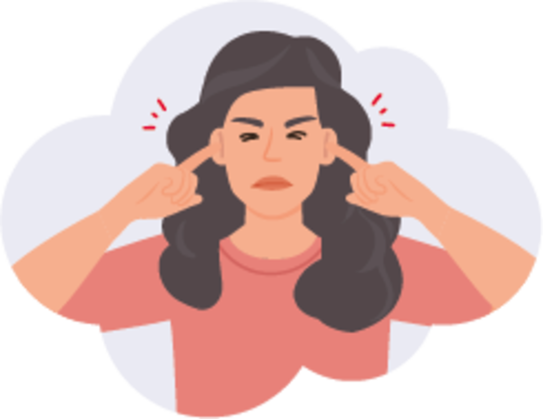 Illustration einer Frau mit langen dunklen Haaren und ernster Miene, die ihre Zeigefinger in die Ohren presst, mit roten Linien in der Nähe der Ohren, um Frustration oder Verärgerung anzuzeigen.