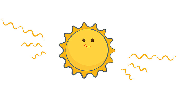 Eine fröhliche gelbe Sonne im Cartoon-Stil mit einem lächelnden Gesicht und strahlenden Wellenlinien auf weißem Hintergrund.