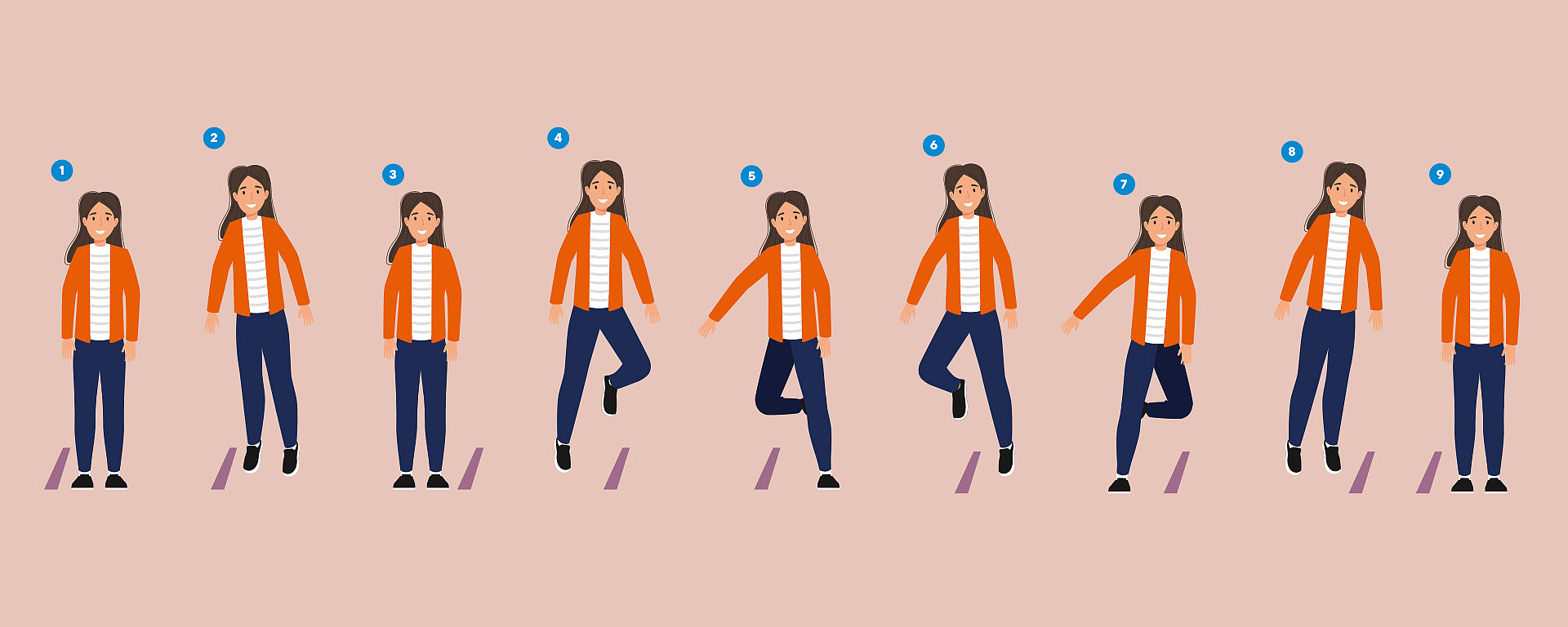 Illustration einer Frau in orangefarbener Jacke und blauer Hose, die auf einem Fuß balanciert und dabei eine Reihe von Bewegungen ausführt, vom Stillstand bis zum Stehen auf jedem Bein, vor einem hellrosa Hintergrund.