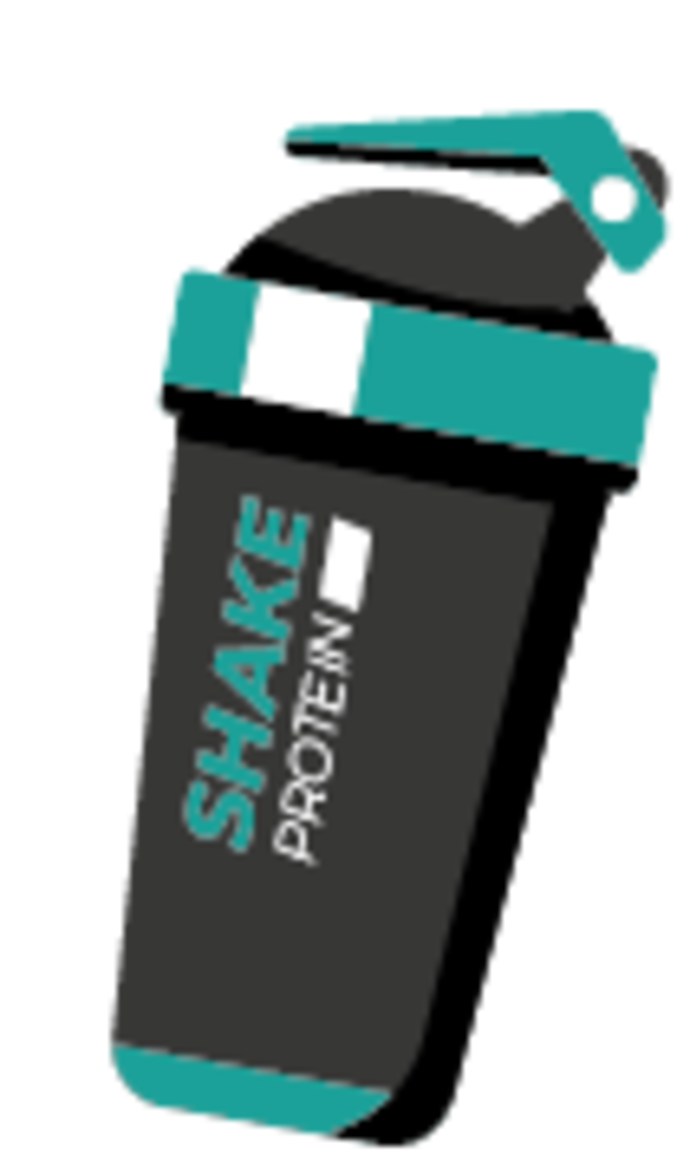 Illustration einer schwarzen und blaugrünen Protein-Shaker-Flasche mit der Aufschrift "SHAKE PROTEIN", die senkrecht auf der Seite steht. Die Flasche hat einen Flip-Top-Deckel und ist leicht nach rechts geneigt.