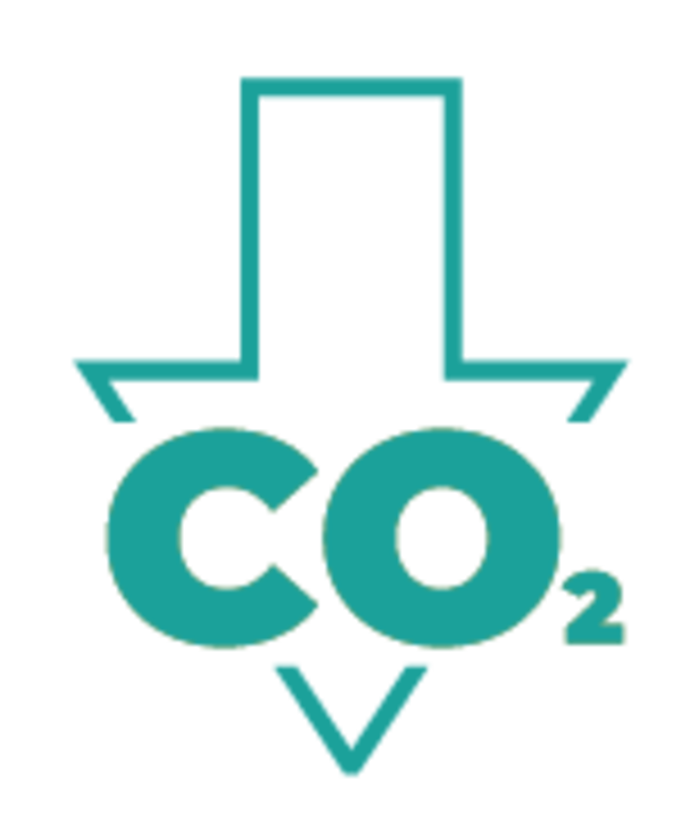 Ein blaugrüner Umriss eines nach unten gerichteten Pfeils mit "CO₂" in fetten, blaugrünen Buchstaben, der eine Verringerung der Kohlendioxidemissionen symbolisiert.