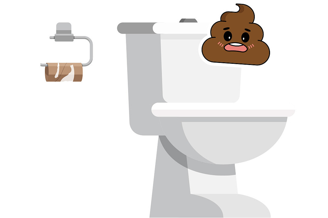 Eine Cartoon-Toilette mit einer leeren Klopapierrolle daneben und einem besorgten, animierten Kack-Emoji, das auf dem Toilettenbecken sitzt.
