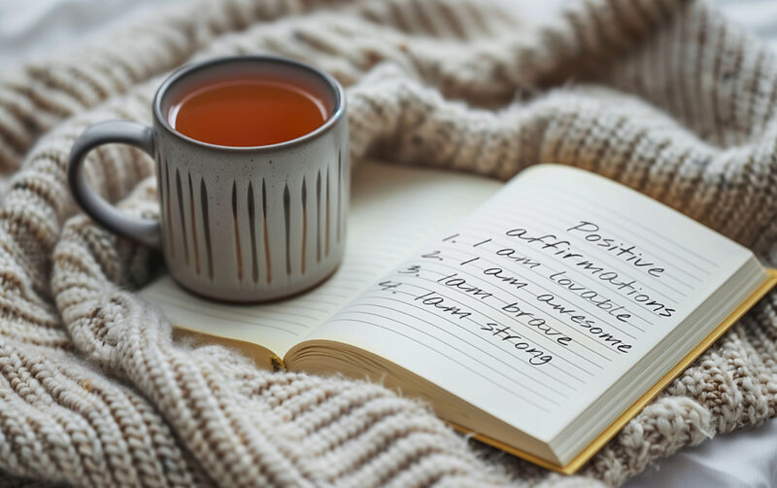 Eine Tasse Tee steht auf einer beigen Strickdecke neben einem aufgeschlagenen Notizbuch, in dem positive Affirmationen aufgelistet sind: "1. ich werde geliebt, 2. ich bin großartig, 3. ich bin mutig, 4. ich bin stark.