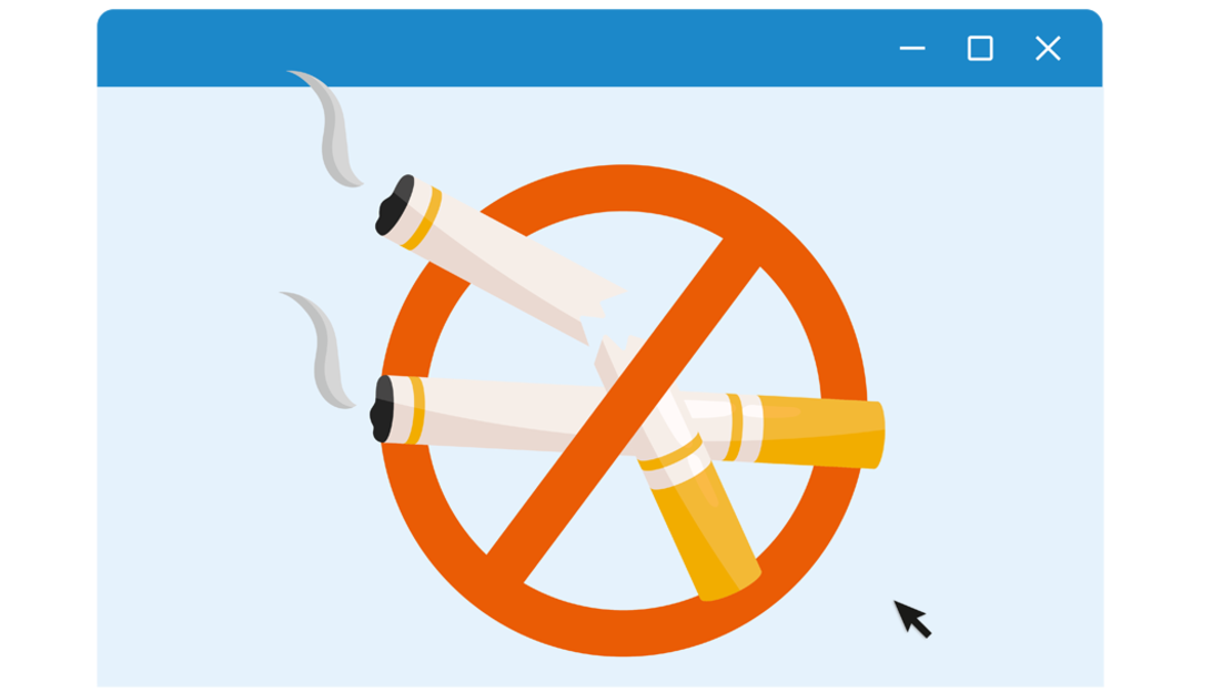 Illustration von drei brennenden Zigaretten, die von einem roten Verbotssymbol durchgestrichen sind, das in einem Computerfenster angezeigt wird und auf ein Rauchverbot hinweist.