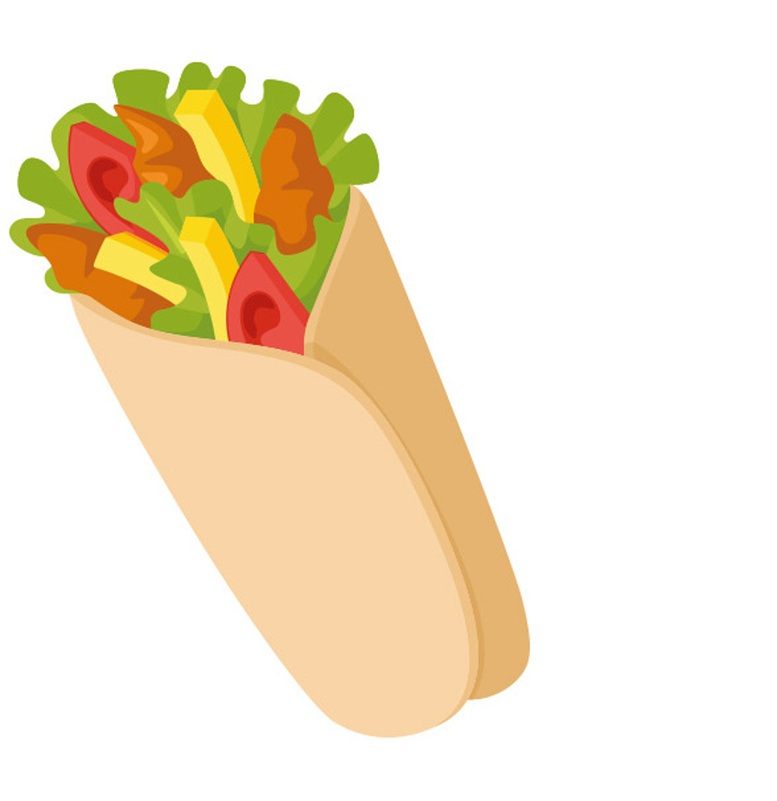 Eine Cartoon-Illustration eines Wrap-Sandwiches gefüllt mit Salat, Tomaten, gelben Streifen (möglicherweise Käse oder Paprika) und anderem Gemüse, alles in einer hellbraunen Tortilla.