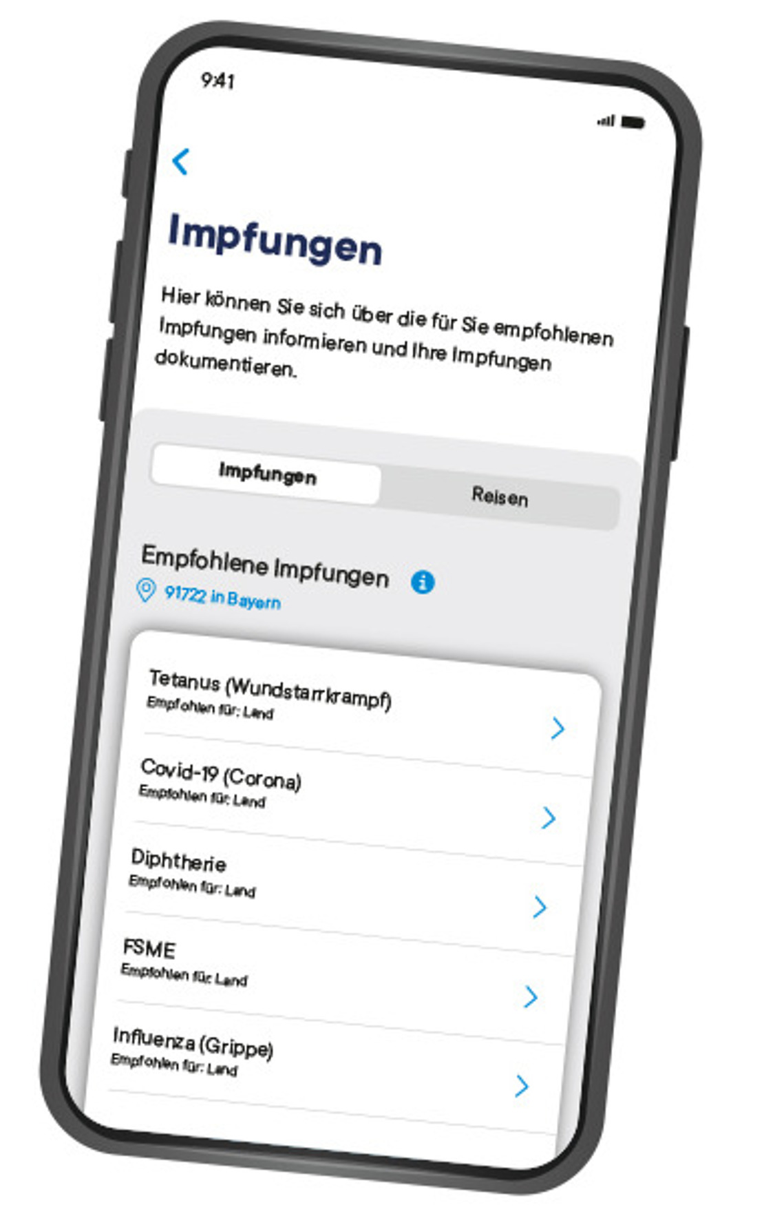 Auf dem Bildschirm eines Smartphones wird die Seite für Impfungen der vivida bkk-App angezeigt
