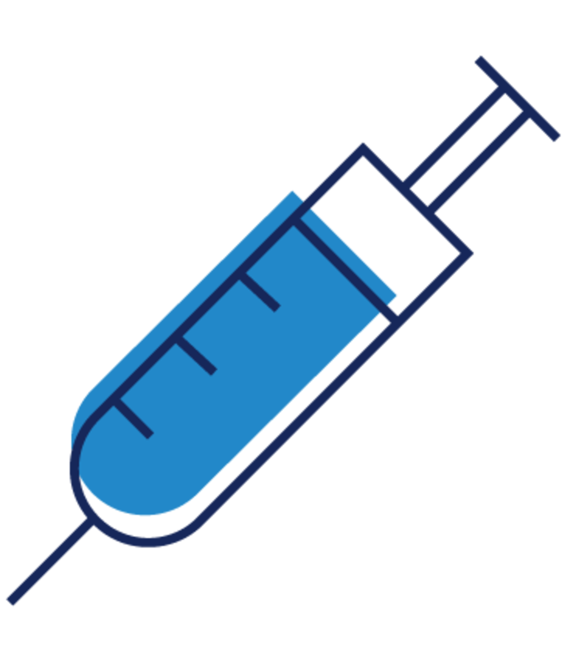 Eine einfache Illustration einer mit blauer Flüssigkeit gefüllten Spritze, die diagonal auf einem weißen Hintergrund dargestellt ist.