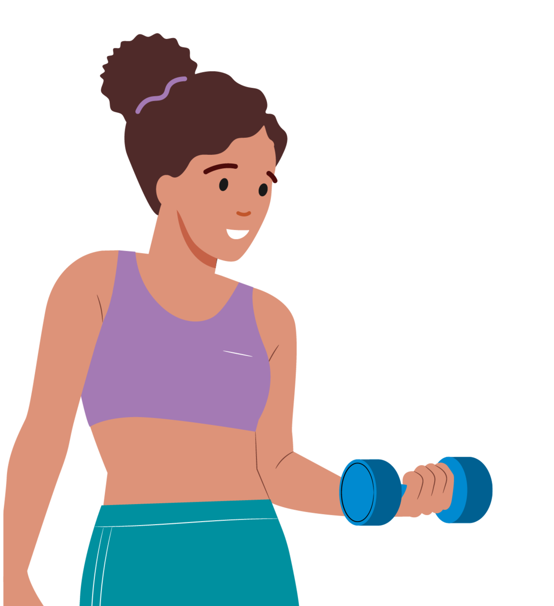 Illustration einer Frau mit lockigem Haar in einem Dutt, die einen lila Sport-BH und blaugrüne Shorts trägt und lächelnd eine blaue Hantel in ihrer rechten Hand hebt.