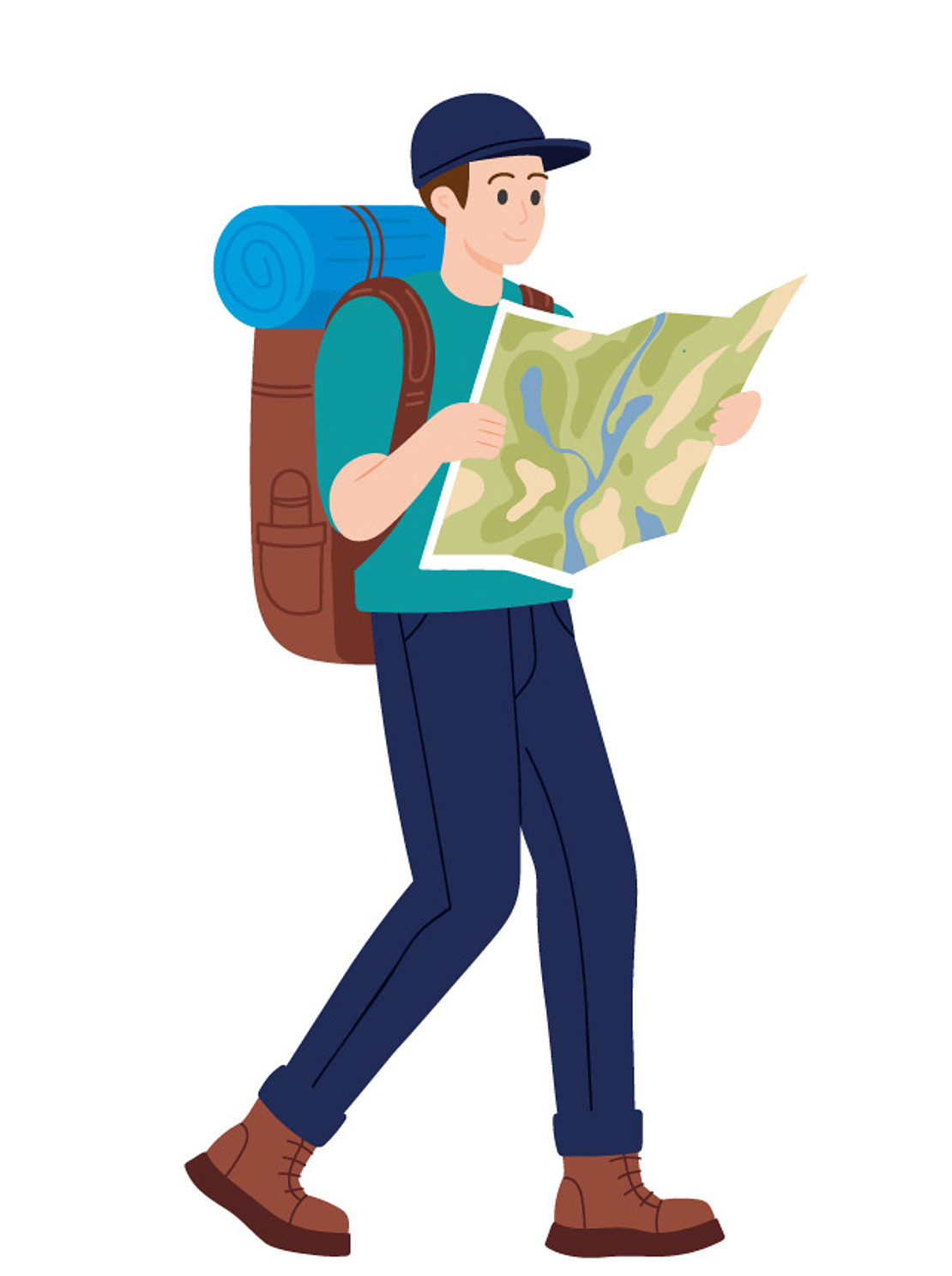 Abbildung einer Person mit Mütze und Rucksack, die beim Gehen eine Karte in der Hand hält und darauf schaut. Die Person scheint zu wandern oder die Umgebung zu erkunden, wobei eine zusammengerollte Isomatte am Rucksack befestigt ist.