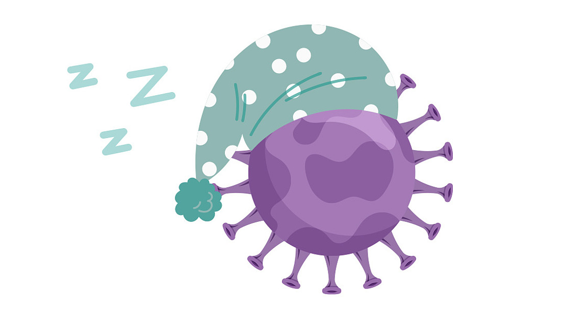 Ein lila Cartoon-Virus mit einer grün gepunkteten Schlafmütze und blauen "Z"-Symbolen, die anzeigen, dass er schläft, auf weißem Hintergrund.