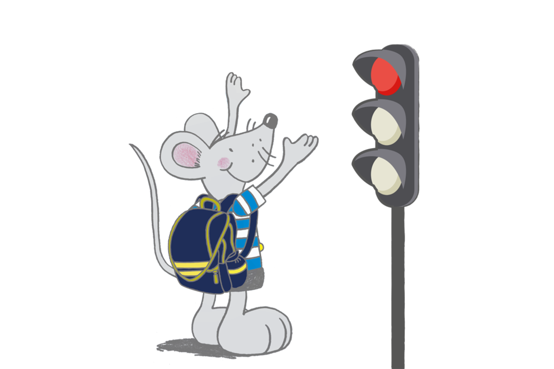 Eine Cartoon-Maus mit gestreiftem Hemd und Rucksack streckt sich auf Zehenspitzen und mit erhobenen Armen eifrig einer roten Ampel entgegen.