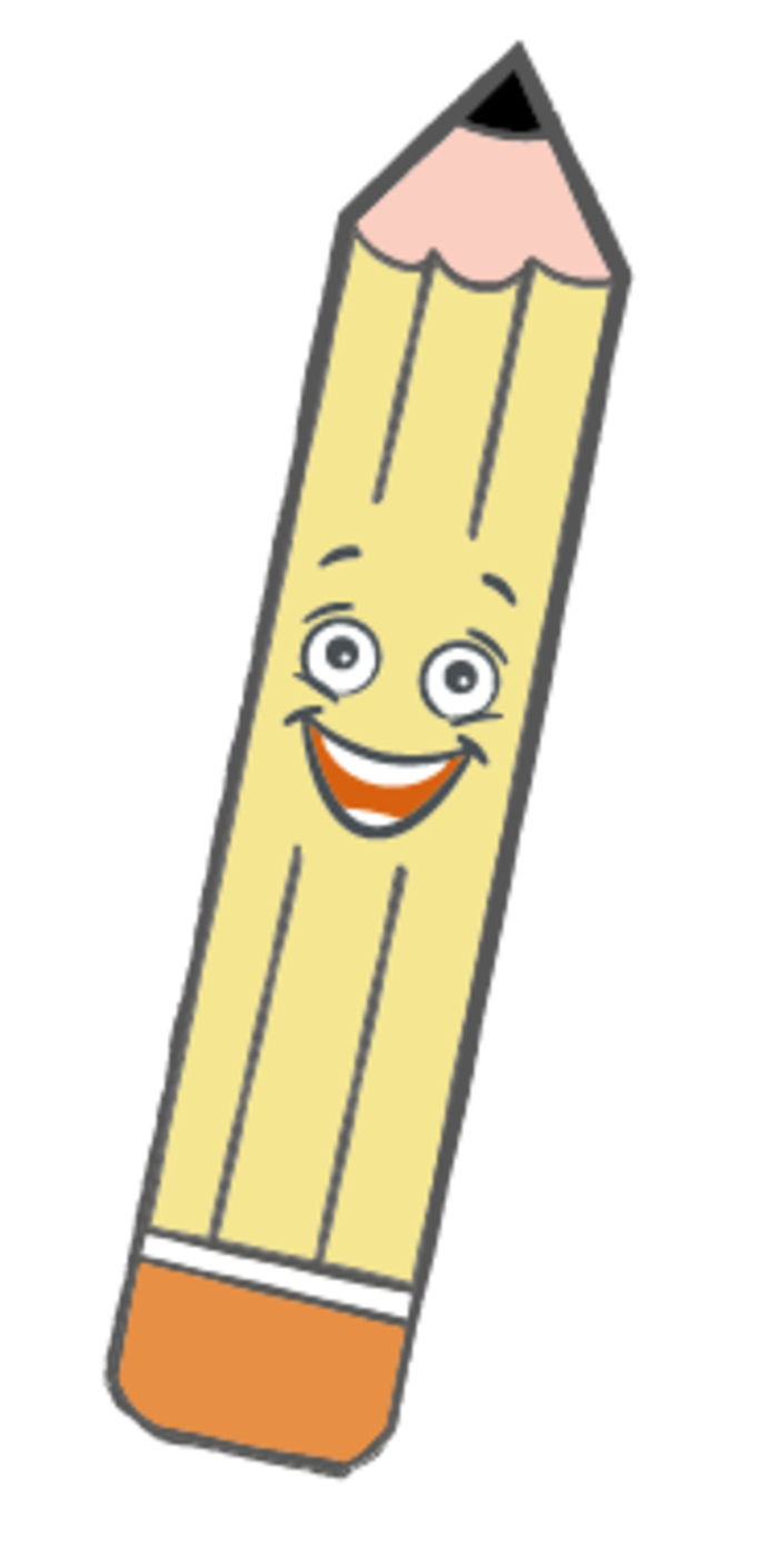 Ein gelber Cartoon-Bleistift mit einem lächelnden Gesicht, großen Augen und einem orangefarbenen, schwarz umrandeten Radiergummi, der leicht nach rechts geneigt ist.