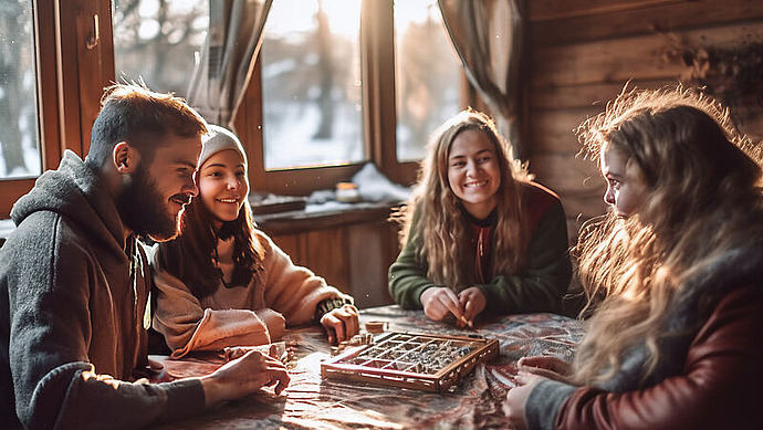 Vier Personen sitzen um einen Tisch herum und spielen ein Brettspiel in einer gemütlichen Holzhütte, lächeln und genießen das Sonnenlicht, das durch die Fenster fällt.