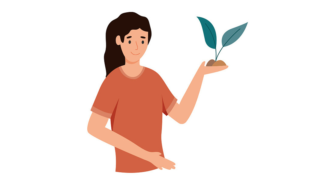 Illustration einer Person mit langen dunklen Haaren, die ein rotes Hemd trägt und eine kleine Pflanze mit zwei grünen Blättern und Erde in einer Hand hält. Der Hintergrund ist weiß.