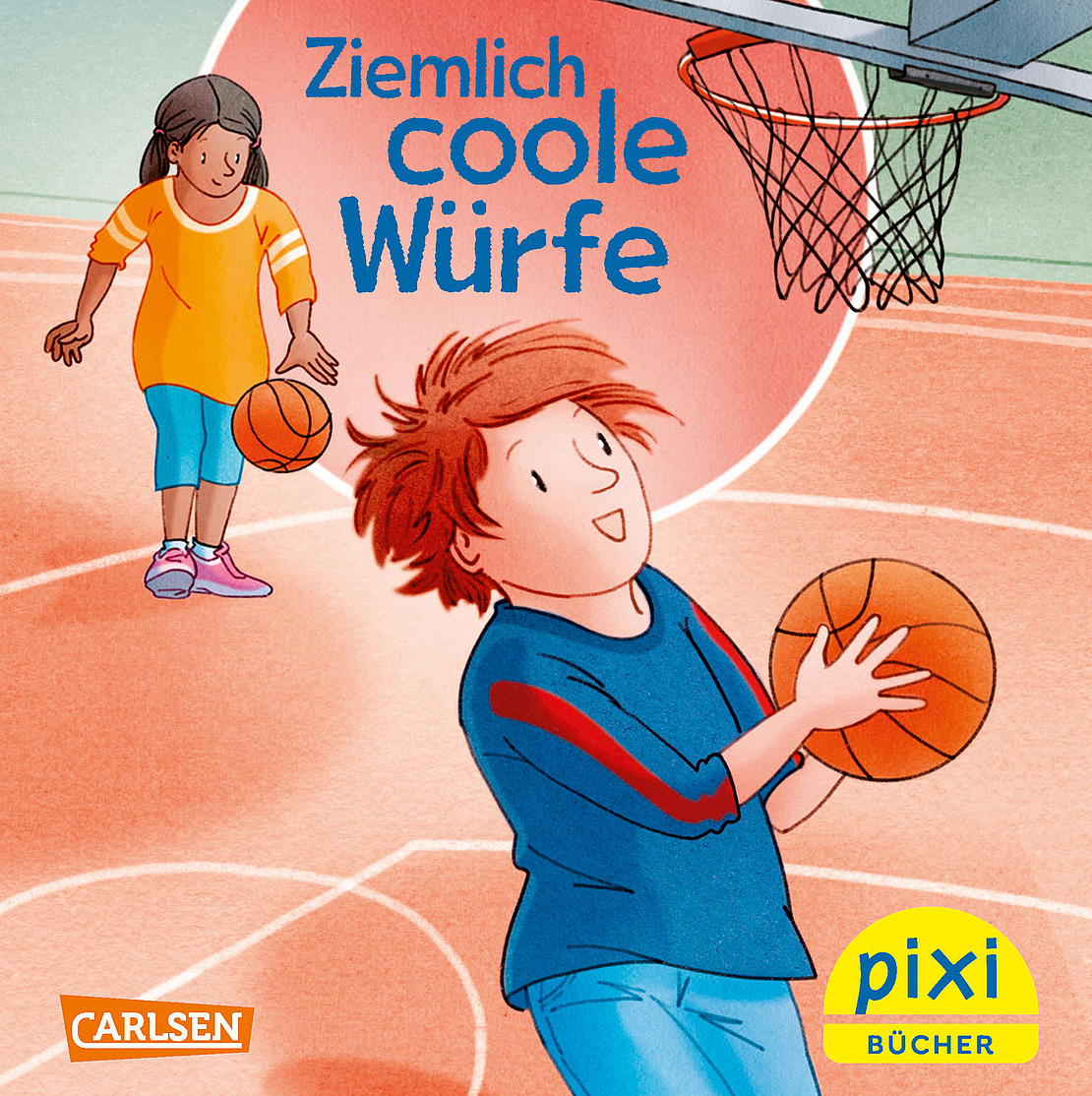 Ein Buchcover: Zwei Kinder spielen Basketball. Ein Junge im blauen Shirt wirft den Ball in Richtung Korb, während ein Mädchen im orangefarbenen Shirt zusieht und einen Basketball hält. Der Text lautet: „Ziemlich coole Würfe.“.