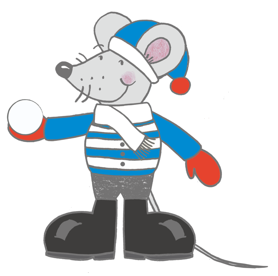 Eine Cartoon-Maus mit Hut, Schal und Fäustlingen steht lächelnd da und hält einen Schneeball. Die Maus ist in einem gestreiften Hemd und großen Stiefeln gekleidet, mit einem bunten abstrakten Hintergrund hinter ihr.