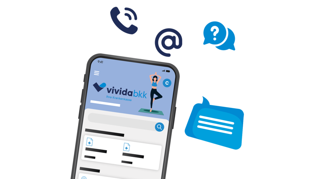 Auf einem Smartphone-Bildschirm wird die Benutzeroberfläche der vivida bkk-Gesundheits-App angezeigt, mit einer Frau in einer Yogapose im oberen Bereich. Im Hintergrund erscheinen Sprechblasensymbole, die Kommunikation oder Nachrichtenübermittlung symbolisieren.