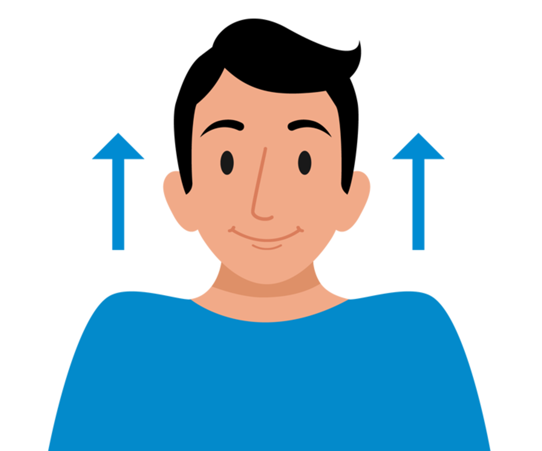 Cartoon Illustration einer lächelnden Person mit kurzen schwarzen Haaren, helle Haut, trägt ein blaues Hemd, auf einem blauen Hintergrund.