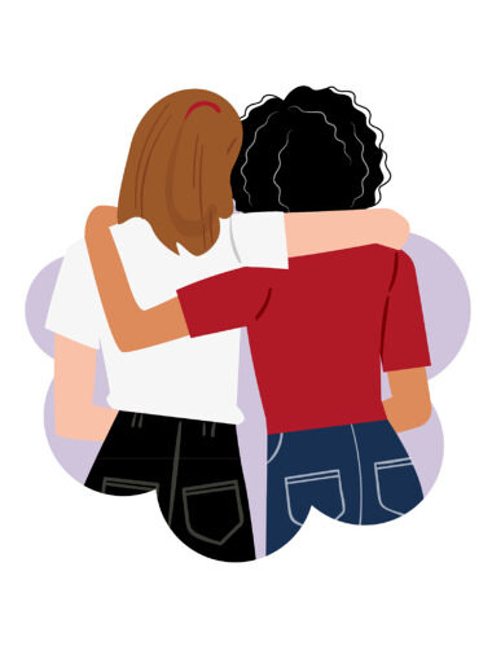 Illustration Rückseite zweier umarmender Frauen