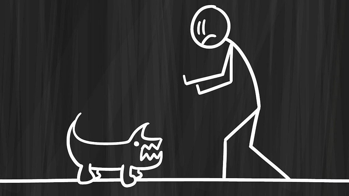 Strichzeichnung von einem Mensch und einem knurrenden Hund