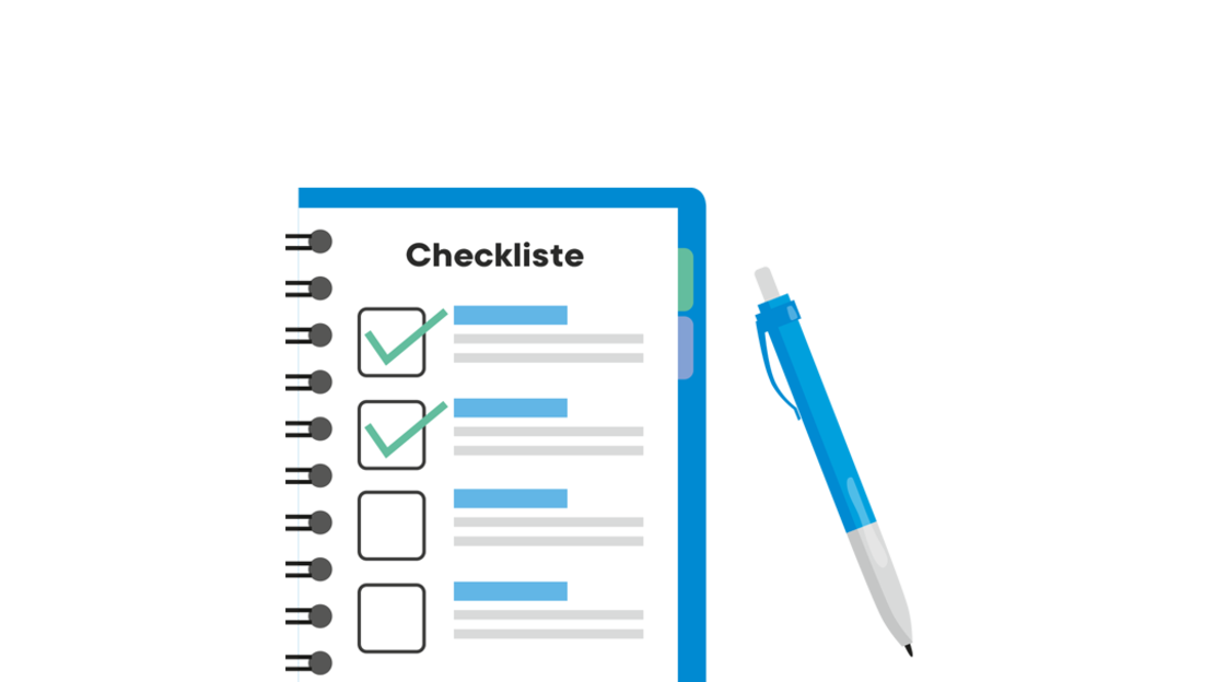 Illustration einer spiralgebundenen Checkliste mit vier Punkten, von denen zwei abgehakt sind. Eine blau-weiße Sprühflasche und ein Stift sind teilweise neben der Checkliste zu sehen.
