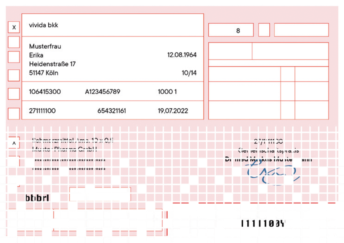 Ein gescanntes deutsches medizinisches Rezeptformular mit Patienteninformationen, Versicherungsangaben, einem Strichcode und der Unterschrift eines Arztes in Blau. Das Formular enthält Kästchen, Zahlen und gedruckten Text auf einem rosa gemusterten Hintergrund.