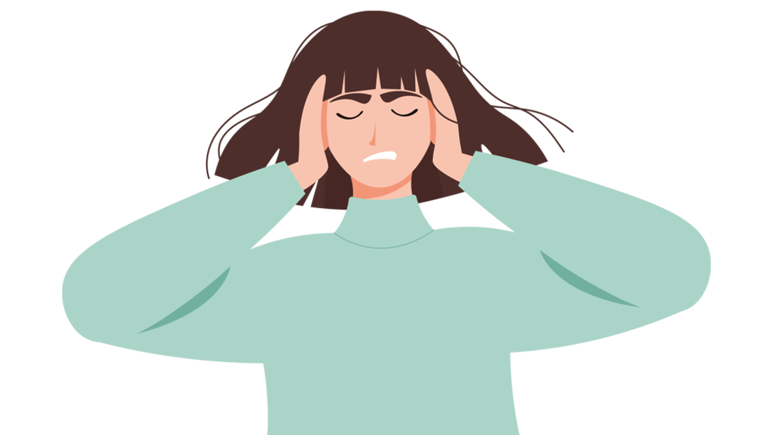 Illustration Frau hält sich den Kopf, hat Stress
