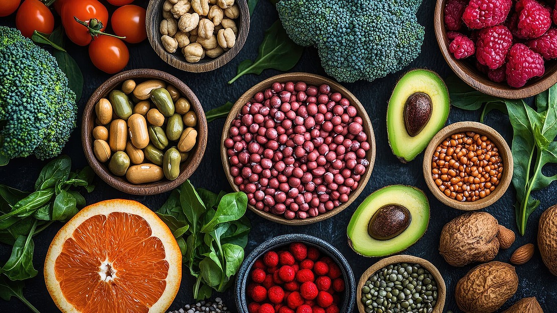 Eine Auswahl gesunder Lebensmittel, darunter Brokkoli, Kirschtomaten, Avocadohälften, Himbeeren, Nüsse, Bohnen, Samen, Blattgemüse und eine Orangenscheibe, präsentiert in Schüsseln und auf einer dunklen Oberfläche.