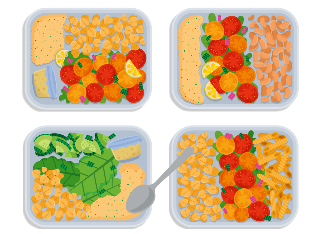 Illustration: Vier unterteilte Behälter enthalten verschiedene Lebensmittel wie gekochtes Gemüse, Nudeln, Blattgemüse, Cracker, Orangenscheiben und Zitronenscheiben. Auf einem Tablett befindet sich ein Löffel. Der Hintergrund ist weiß.