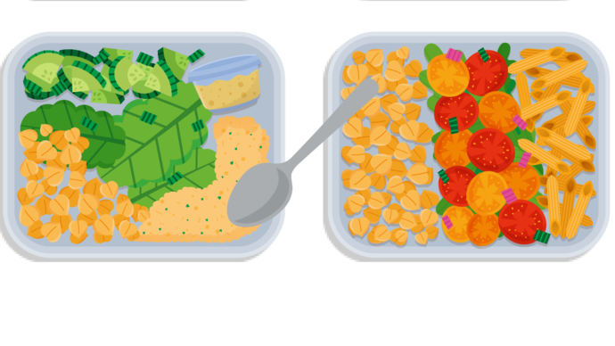 Illustration: Vier unterteilte Behälter enthalten verschiedene Lebensmittel wie gekochtes Gemüse, Nudeln, Blattgemüse, Cracker, Orangenscheiben und Zitronenscheiben. Auf einem Tablett befindet sich ein Löffel. Der Hintergrund ist weiß.