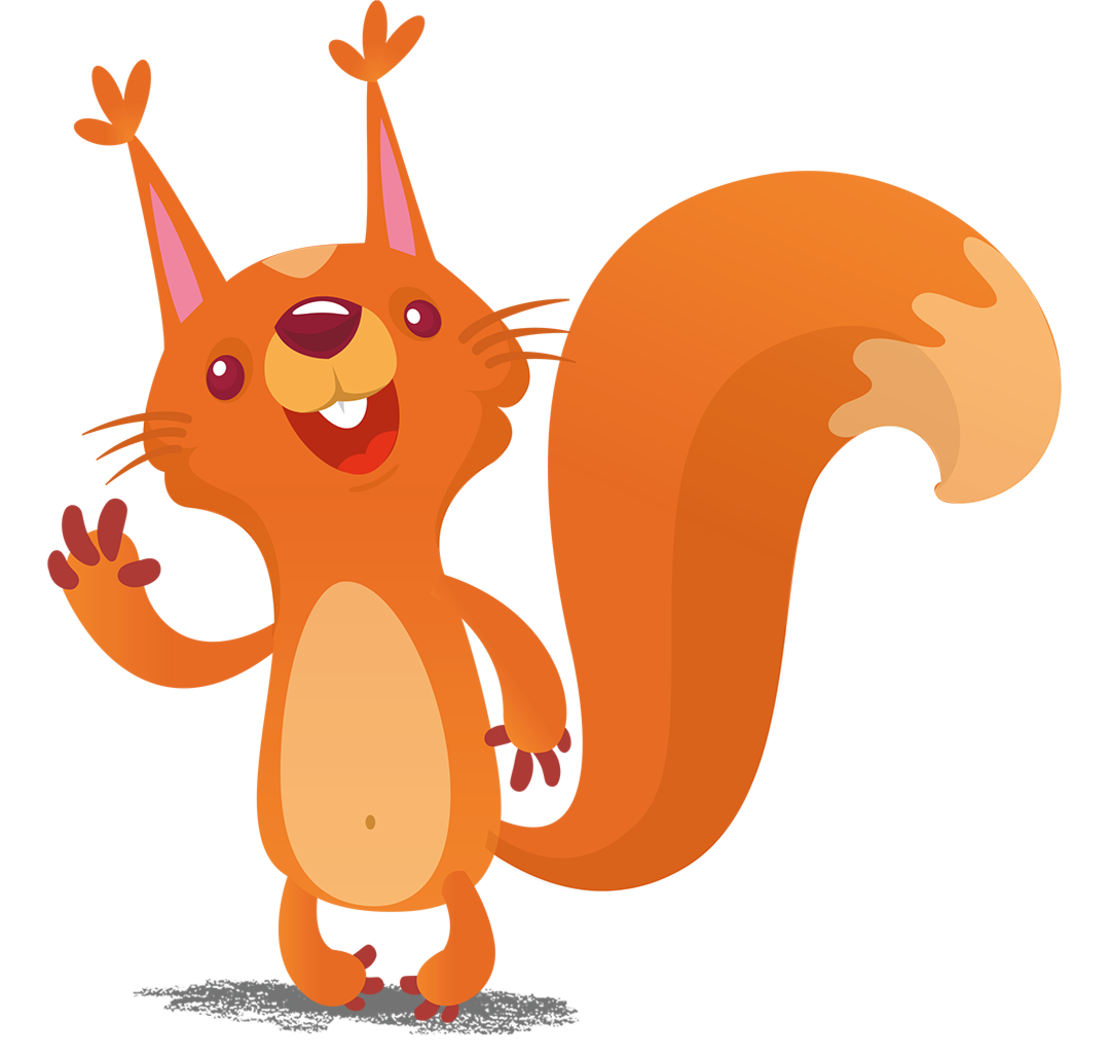 Ein orangefarbenes Cartoon-Eichhörnchen mit einem großen buschigen Schwanz steht aufrecht, lächelt und winkt mit einer Pfote. Das Eichhörnchen hat große Augen, markante Wangen und Fellbüschel an den Ohren.