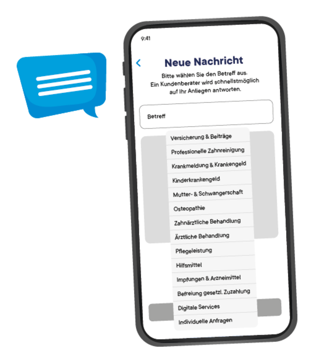 Auf dem Bildschirm eines Smartphones wird eine Nachrichten-App in deutscher Sprache angezeigt, die ein Formular zur Auswahl eines Betreffs für eine neue Nachricht enthält, mit Optionen wie Versicherung, Zahnpflege und medizinische Behandlungen. Neben dem Telefon erscheint ein blaues Chatsymbol.