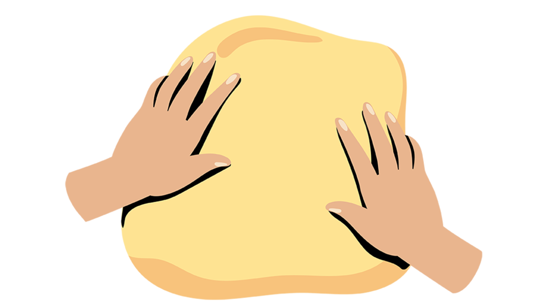 Illustration von zwei Händen, die ein Stück Teig auf einer flachen Oberfläche drücken und ausbreiten, von oben gesehen.