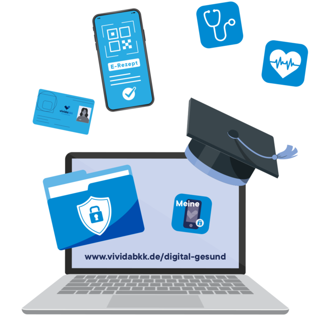 Die Grafik zeigt einen Laptop und andere Geräte. Im Text geht es darum zu erfahren, wie funktionieren digitale Gesundheitsangebote wie das E-Rezept oder die elektronische Patientenakte (ePA).