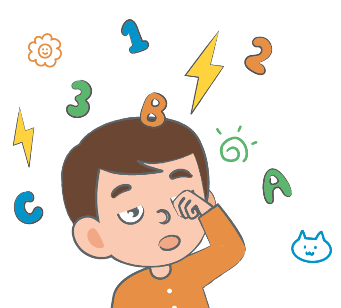 Eine Illustration eines müden Jungen, der sich die Augen reibt, umgeben von bunten Zahlen, Buchstaben, Blitzen und Kritzeleien auf einem hellen Hintergrund.