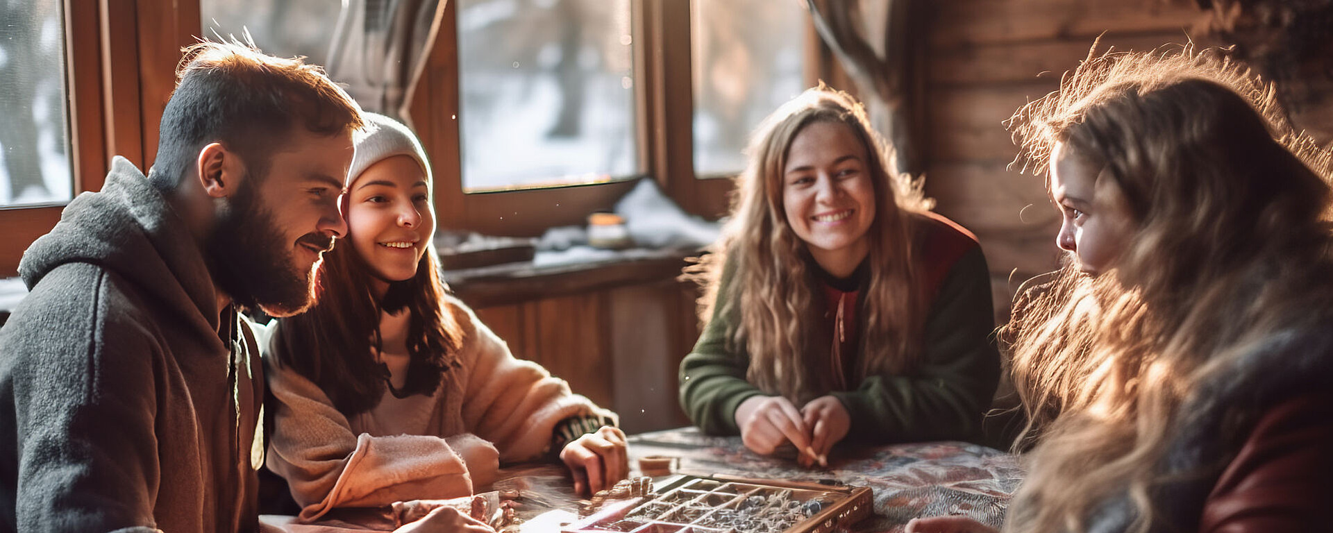 Vier Personen sitzen um einen Tisch und spielen ein Brettspiel in einer gemütlichen, sonnendurchfluteten Hütte. Jeder lächelt und genießt die Gesellschaft des anderen, während warmes Licht durch das Fenster strömt.
