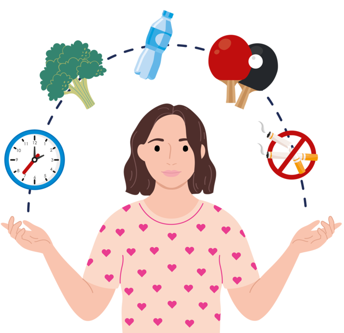 Illustration Frau mit Symbolen zur Herzgesundheit