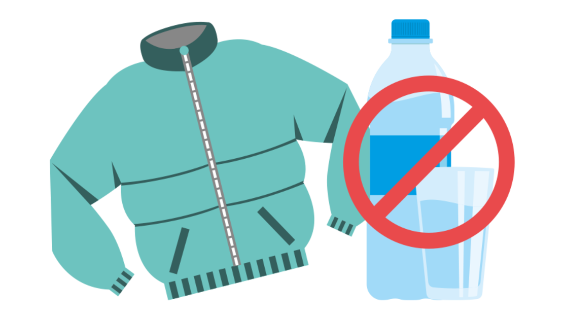Illustration einer Jacke und einer durchgestrichenen Wasserflasche