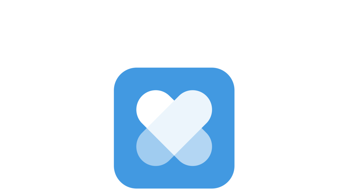 Ein blaues Quadrat mit abgerundeten Ecken zeigt in der Mitte ein weißes und hellblaues Symbol für einen gekreuzten Verband, was auf ein Symbol für Gesundheitsfürsorge oder medizinische Hilfe hinweist.