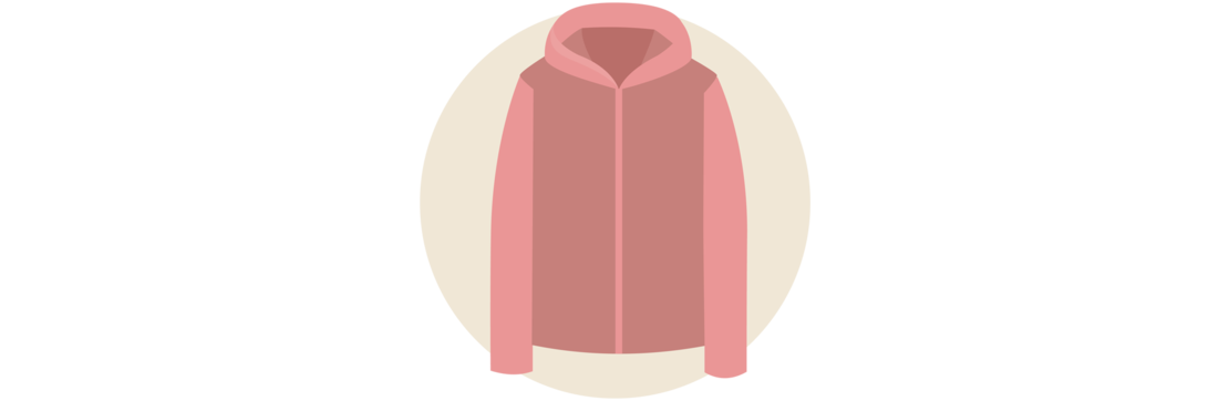 Illustration eines langärmeligen, rosafarbenen Kapuzensweatshirts mit einem Reißverschluss auf der Vorderseite auf einem schlichten weißen Hintergrund.