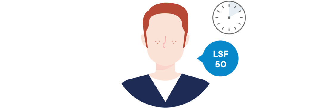 Illustration einer Person mit heller Haut und rotem Haar, die ein dunkelblaues Hemd trägt und neben einem blau-grauen Schild mit der Aufschrift "LSF 50" und einem weißen Gesichtssymbol steht.