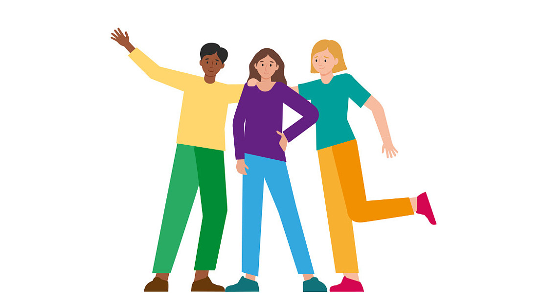 Illustration von drei Personen, die eng beieinander stehen und lächeln. Die Person auf der linken Seite hat einen Arm erhoben, die Person in der Mitte steht mit einer Hand auf der Hüfte, und die Person auf der rechten Seite steht auf einem Bein. Alle sind in bunte Kleidung gekleidet.
