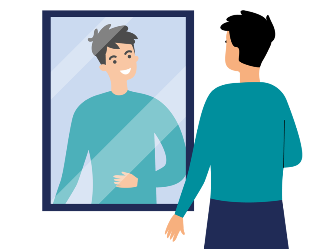 Illustration einer Person, die in einen Spiegel schaut und ihr eigenes Spiegelbild anlächelt. Die Person trägt ein blaugrünes Hemd und hat kurze dunkle Haare. Der Hintergrund ist einfach und dunkelblau.