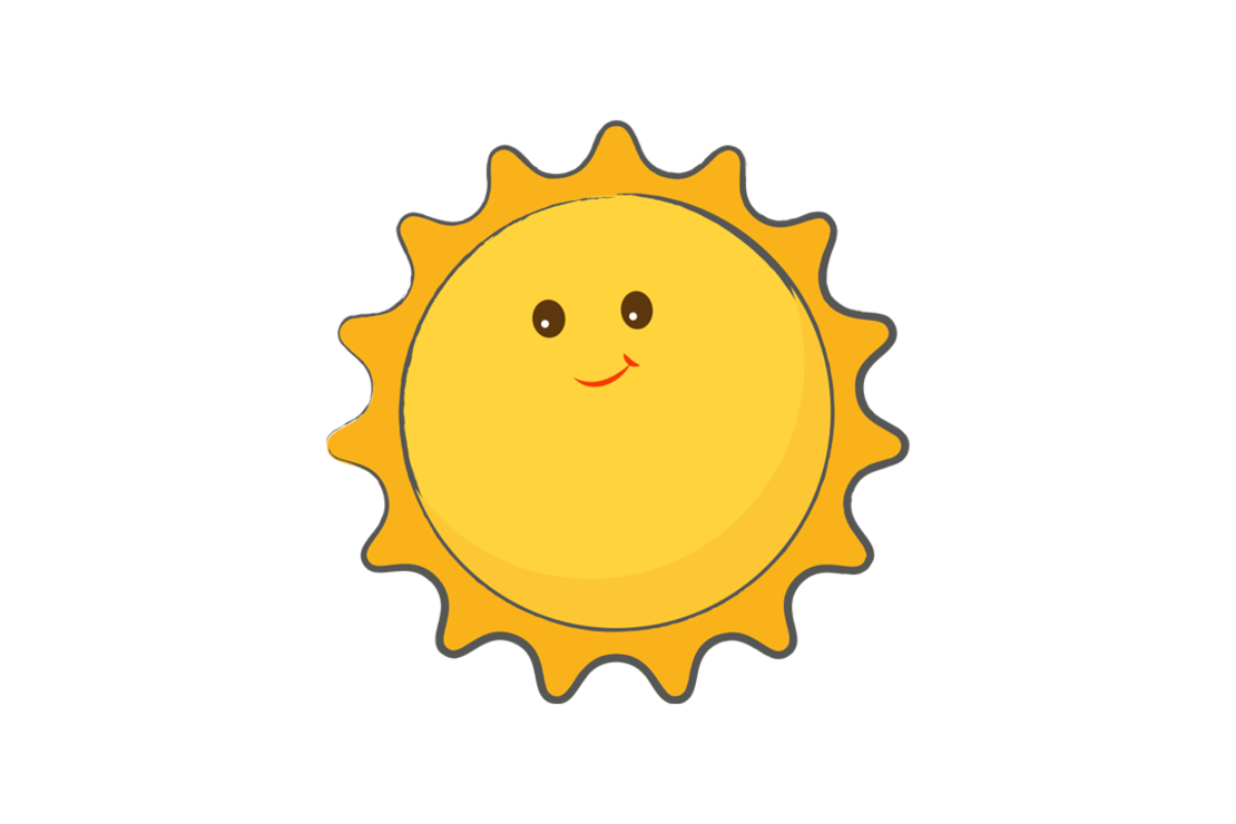 Eine leuchtend gelbe Cartoon-Sonne mit einem freundlichen Gesicht, lächelnd und mit rosigen Wangen, vor einem transparenten Hintergrund.