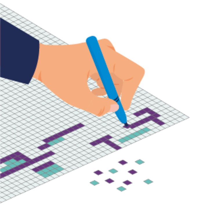 Illustration einer Hand, die einen blauen Stift hält und Quadrate in einem Gitterrätsel oder -spiel, wie z. B. einem Kreuzworträtsel oder Nonogramm, ausfüllt, wobei lila und blaue Kästchen auf dem Gitter markiert sind.