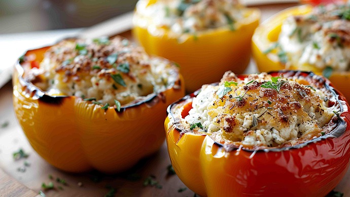 Vier gelbe Paprikaschoten, gefüllt mit einer schmackhaften Reis-Kräuter-Mischung, überbacken mit geschmolzenem Käse und garniert mit frischen Kräutern, werden auf einer Holzfläche präsentiert.