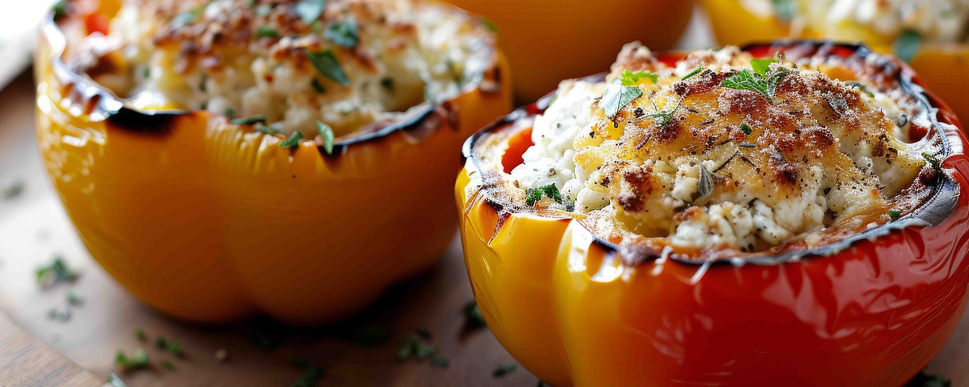 Vier gelbe Paprikaschoten, gefüllt mit einer schmackhaften Reis-Kräuter-Mischung, überbacken mit geschmolzenem Käse und garniert mit frischen Kräutern, werden auf einer Holzfläche präsentiert.