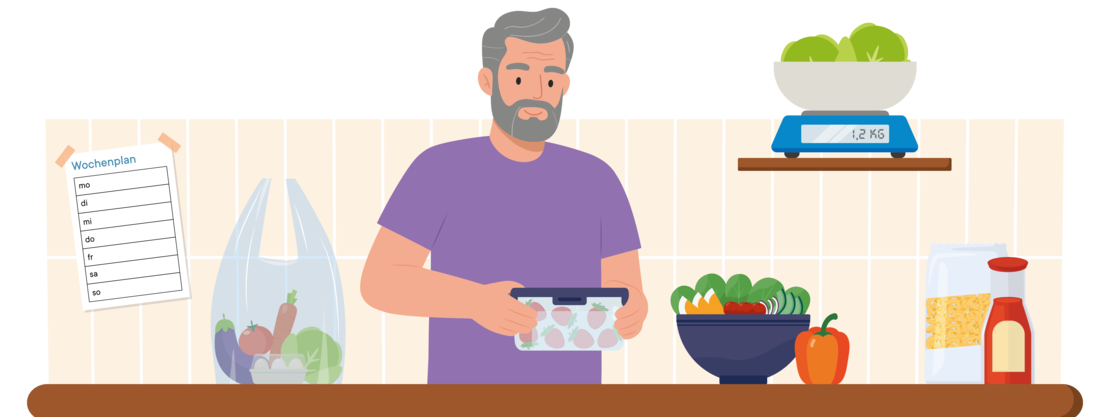 Illustration: Ein Mann mit grauem Haar und Bart steht in einer Küche und hält einen Behälter mit Erdbeeren in der Hand. An der Wand hinter ihm befinden sich eine Küchenwaage und ein wöchentlicher Speiseplan. Gemüse, eine Salatschüssel, eine Flasche Ketchup und eine Einkaufstüte stehen auf der Küchentheke.